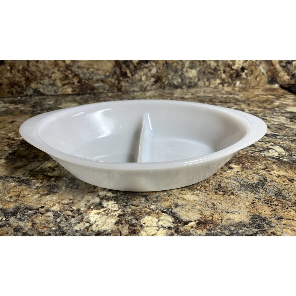 Vintage GLASBAKE J2352 Solid White Milk Glass Oval Divided Serving Dish Bowl